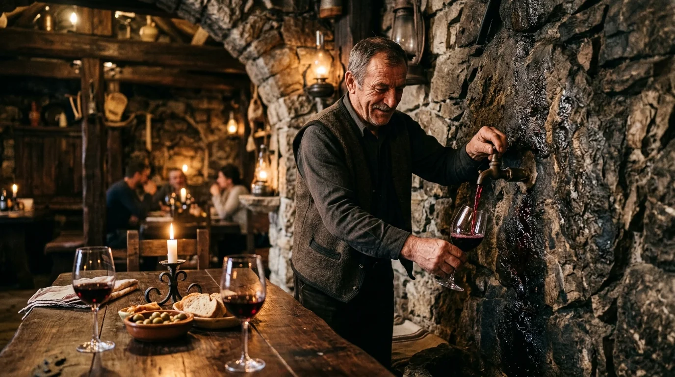 Bane schenkt hausgemachten Rotwein aus einem Felsen in der Taverna Domestic am Orjen ein