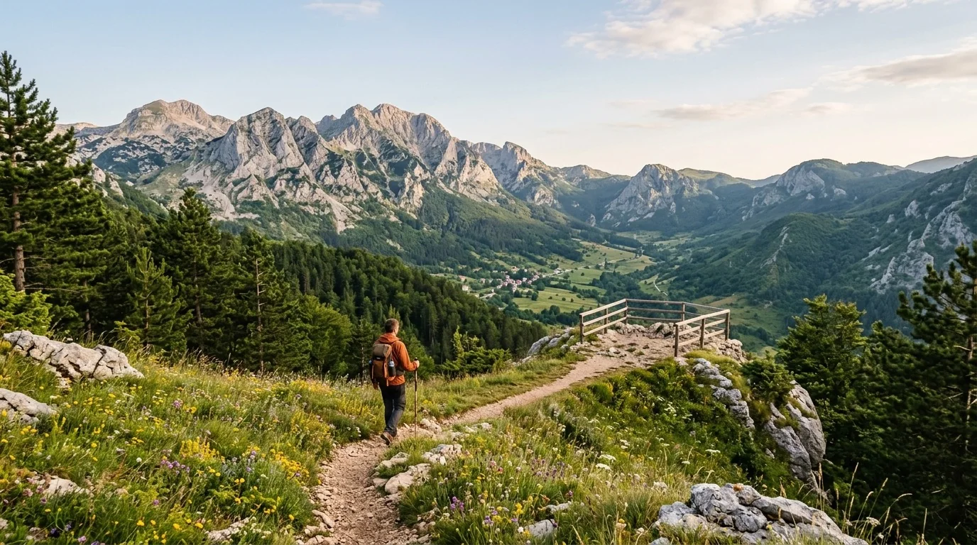 Markierter Weg und Berglandschaft bei Vrbanj im Naturpark Orjen